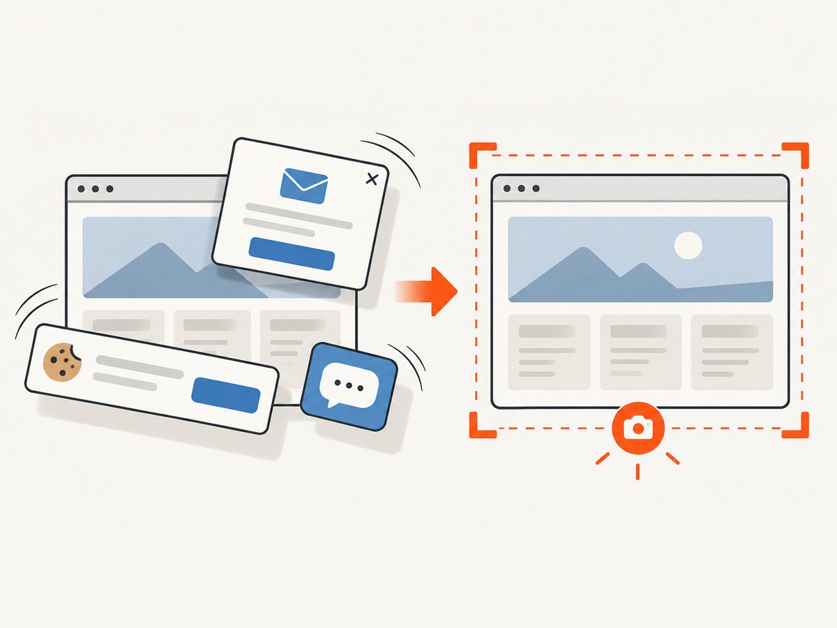 Overlays can cover page content; dismiss them or use an available hide-overlay option before capture.