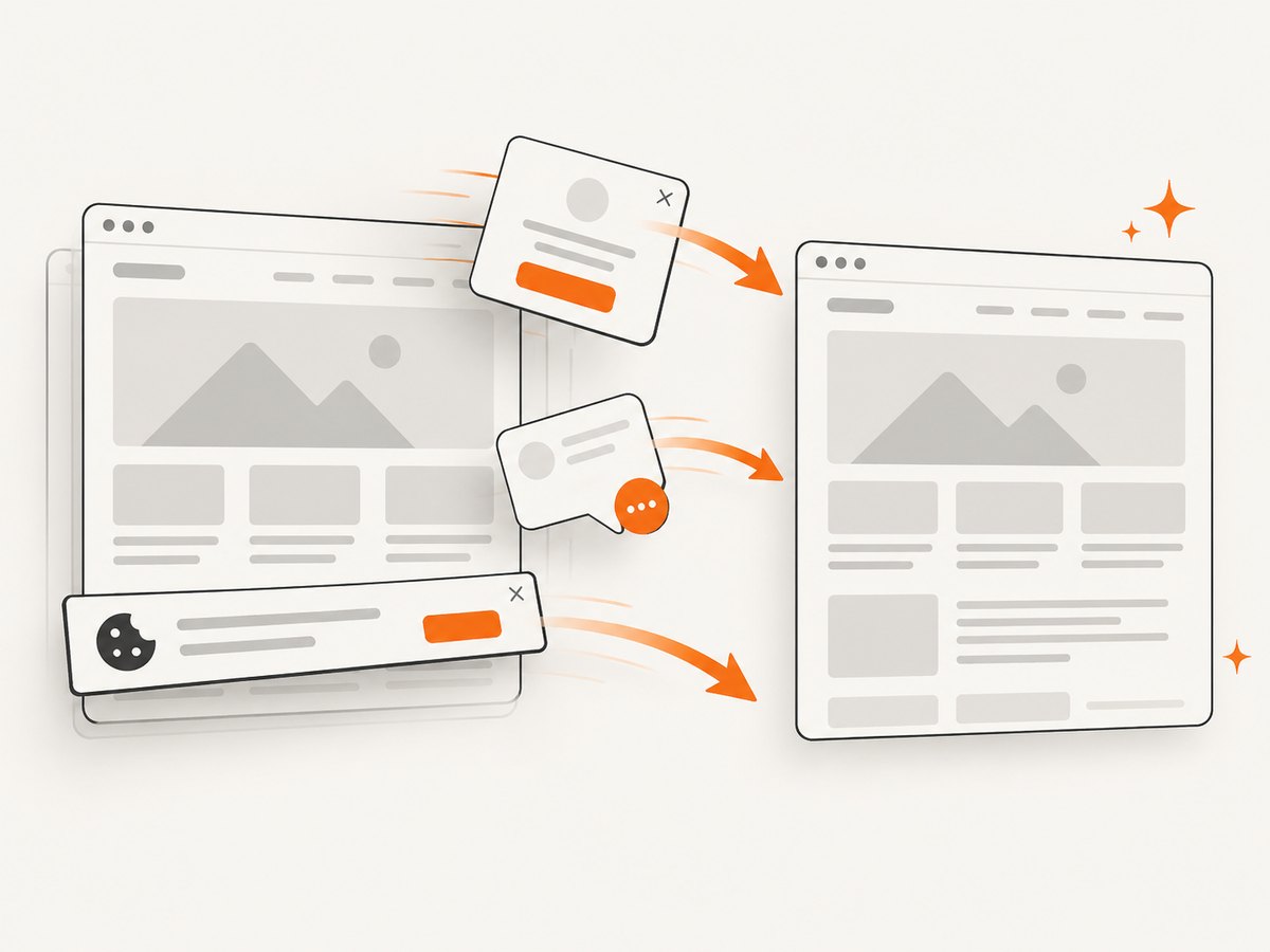 Automated cleanup can remove common consent banners, popups, and chat widgets before capture.