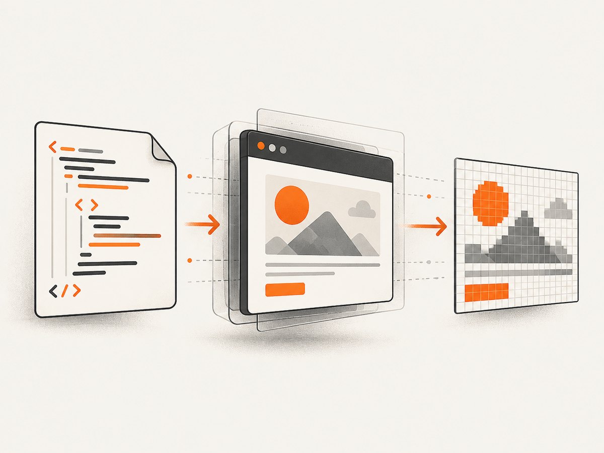 A server-side HTML string is rendered by a headless browser and emitted as a PNG buffer or file.