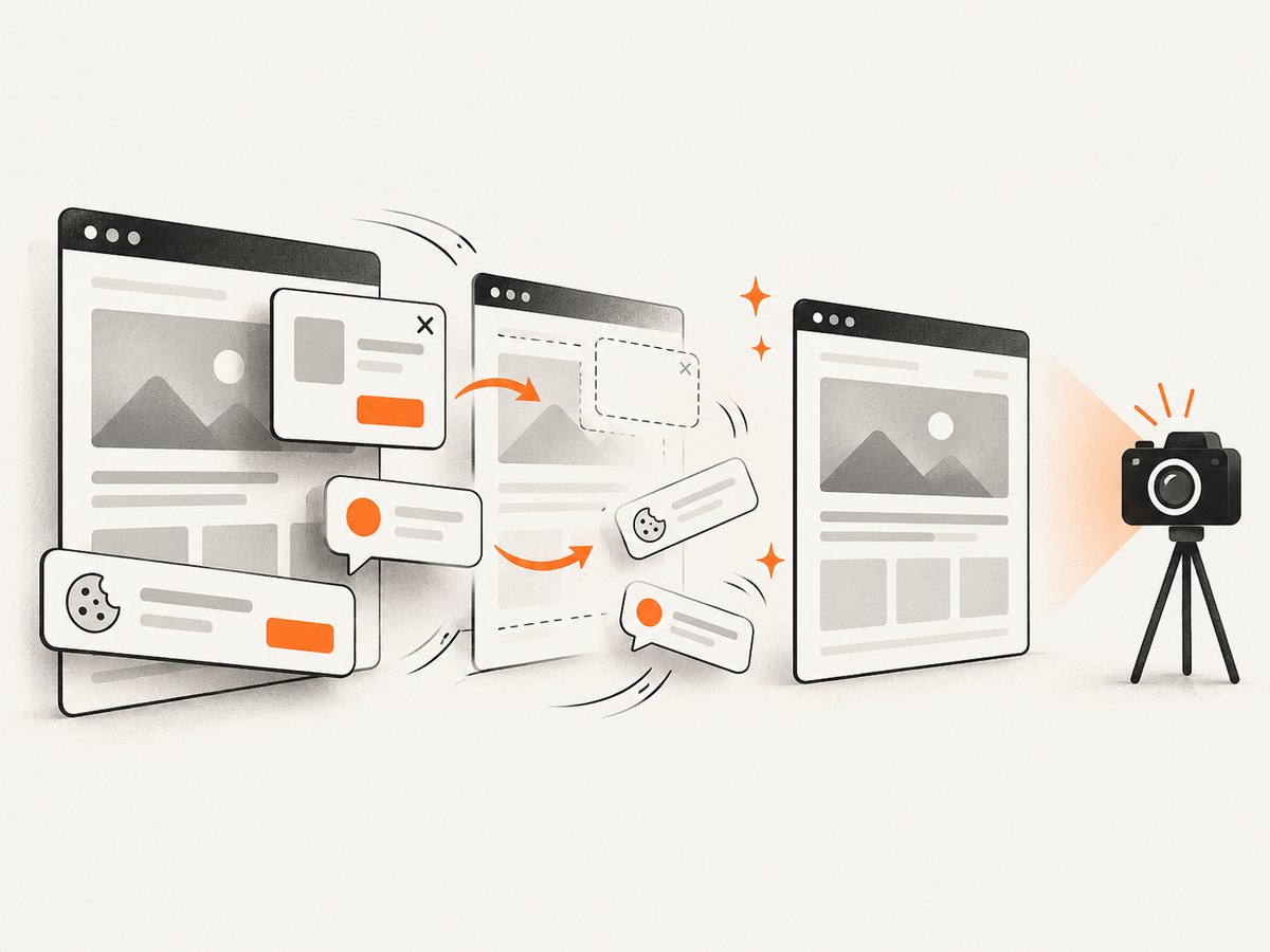 Hosted capture can clean common consent banners, popups, and chat widgets before the screenshot.