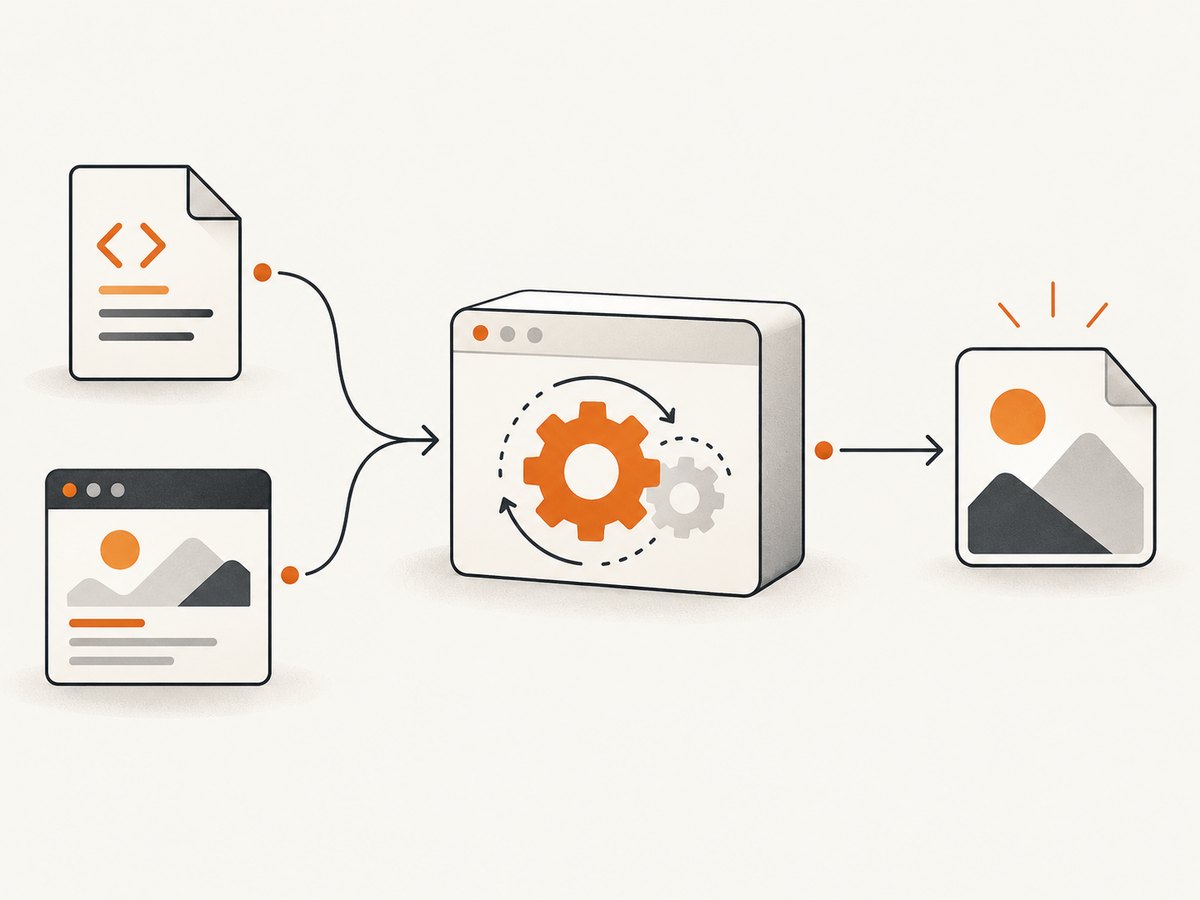 HTML can enter the workflow as raw markup or as a hosted URL before the browser paints a PNG.