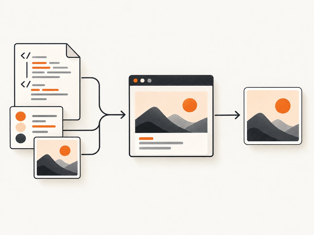 An HTML-to-PNG tool renders the document and its available assets before capturing the pixels.