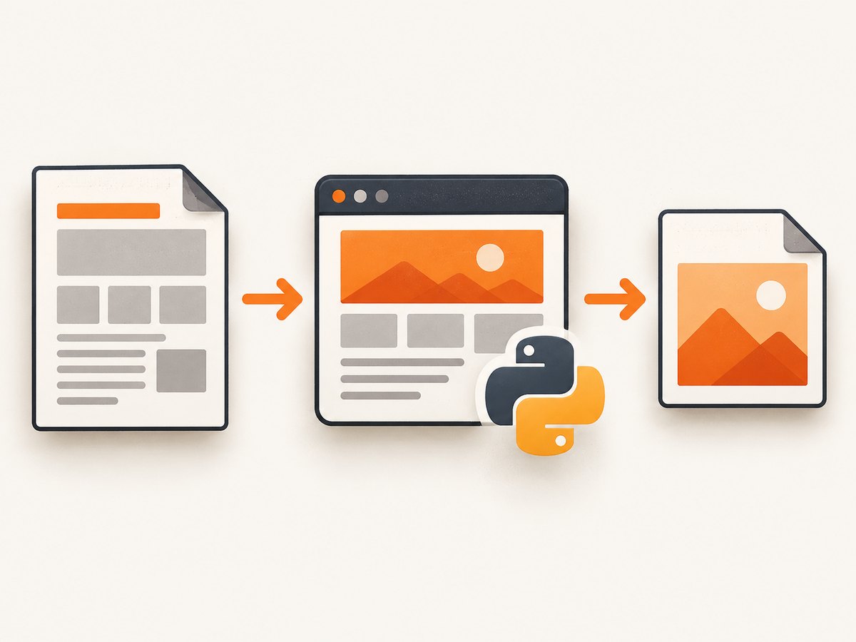 The basic pipeline: provide HTML, render it in a browser, and save PNG bytes.