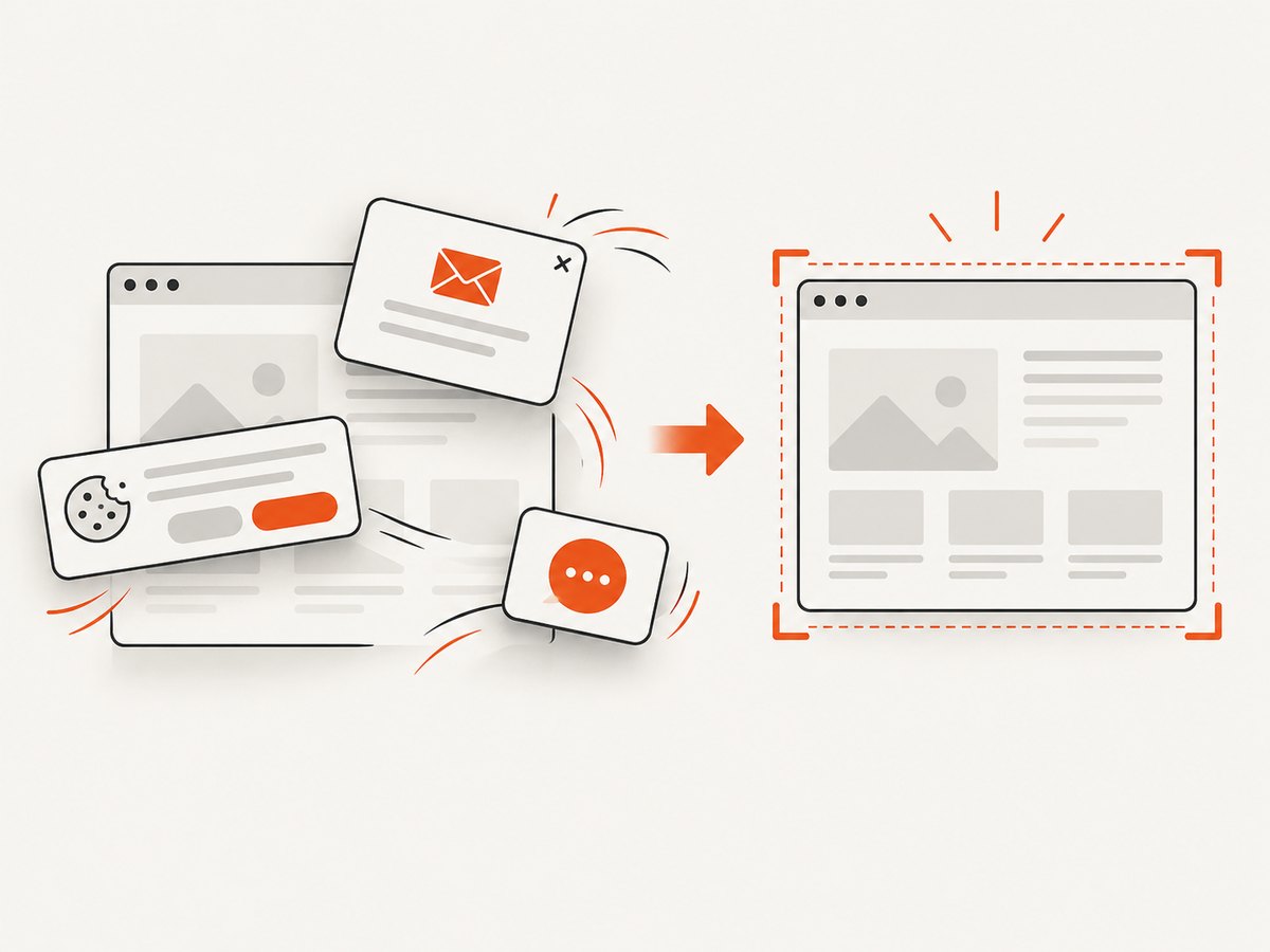 A managed capture can clear common consent banners, popups and chat widgets before taking the shot.
