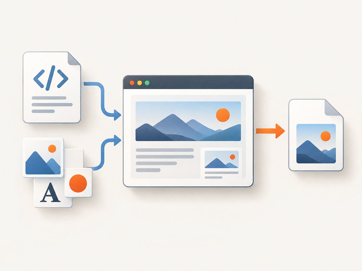 A browser renders HTML and its assets before saving the visible result as PNG.