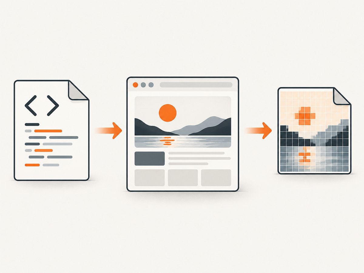HTML is rendered in a browser before its pixels are saved as PNG.