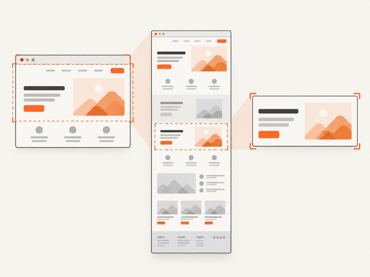 Choose viewport, full-page, or element capture based on the intended image bounds.