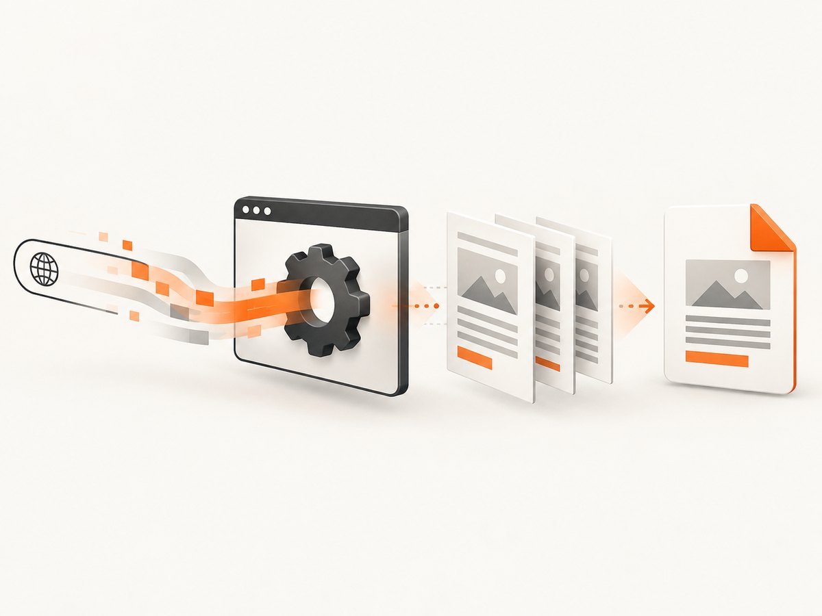 A URL-to-PDF workflow: fetch, render, paginate, and return the document.