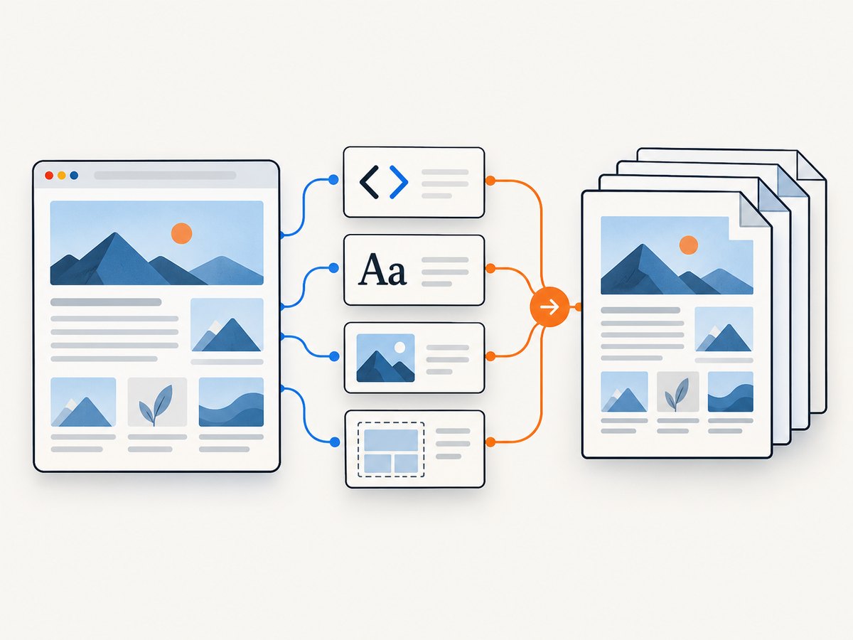 A browser renderer turns HTML, assets, and print settings into PDF pages.
