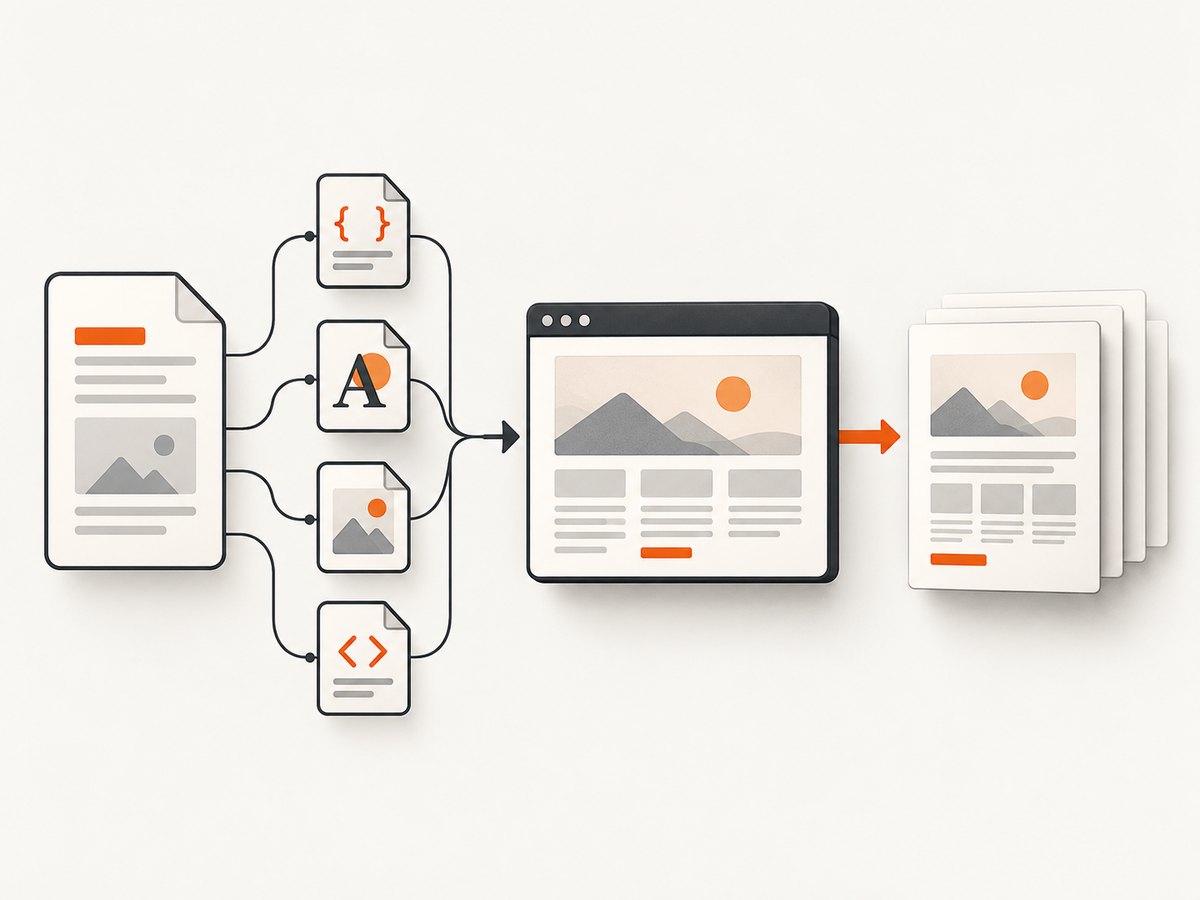 A PDF contains the rendered page and depends on every asset the HTML loads.
