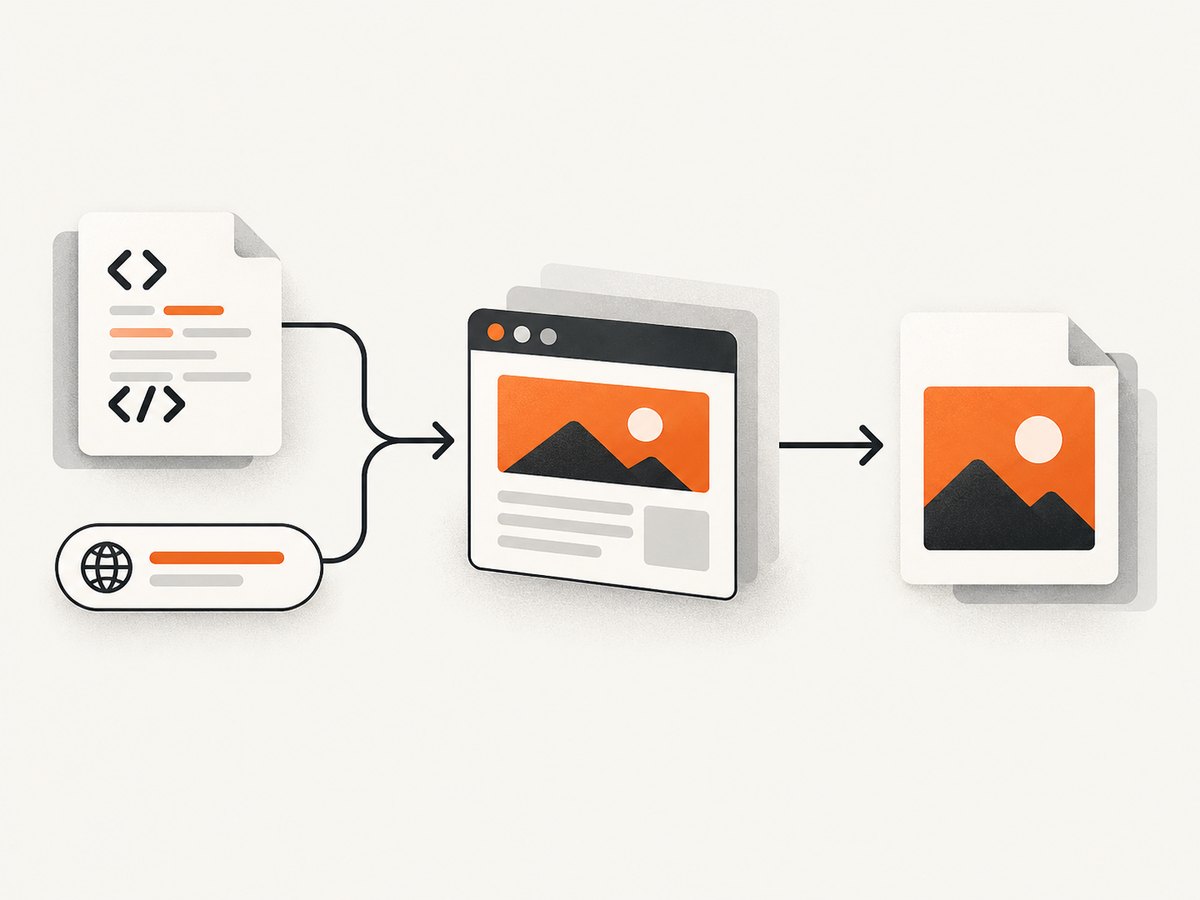 A browser renders HTML before the capture is encoded as a PNG.