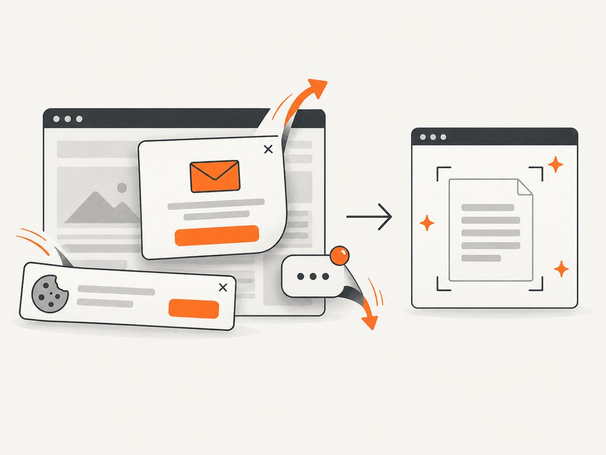 A capture service can remove common overlays before rendering a clean page.