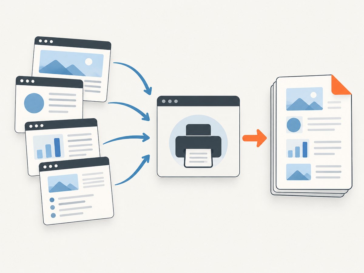 A URL list can be rendered page by page and combined into one ordered PDF.