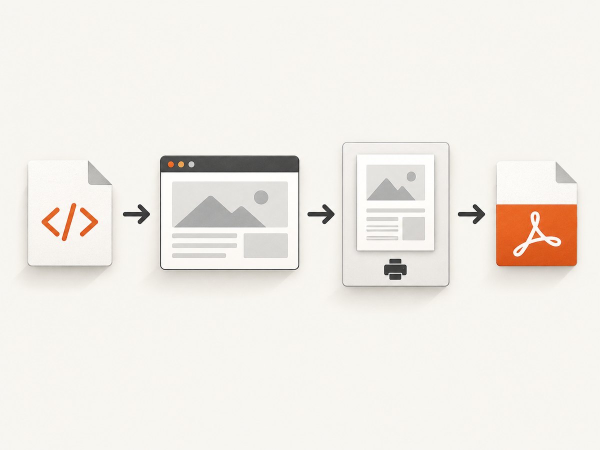 An offline HTML file becomes a fixed PDF through the browser’s print preview.