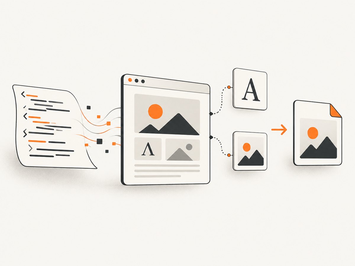 The conversion pipeline: markup, browser rendering, readiness checks, and PNG output.