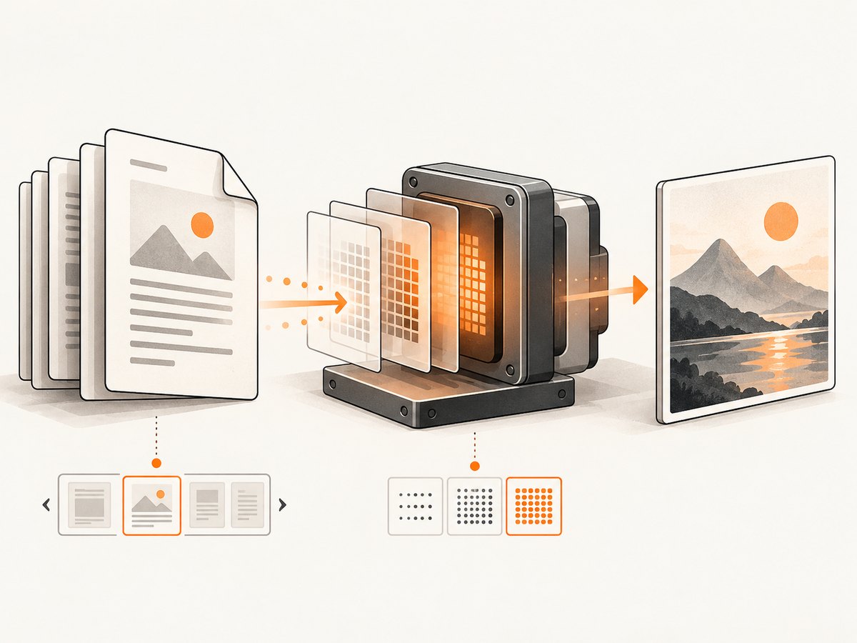 Rendering turns the complete PDF page into pixels while preserving text and vector artwork.