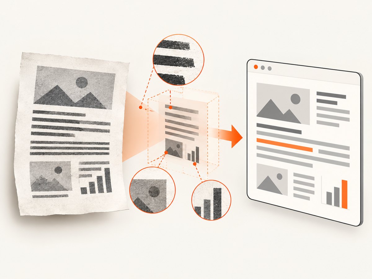 OCR can turn scanned page images into text, but the recognized words and reading order still need review.