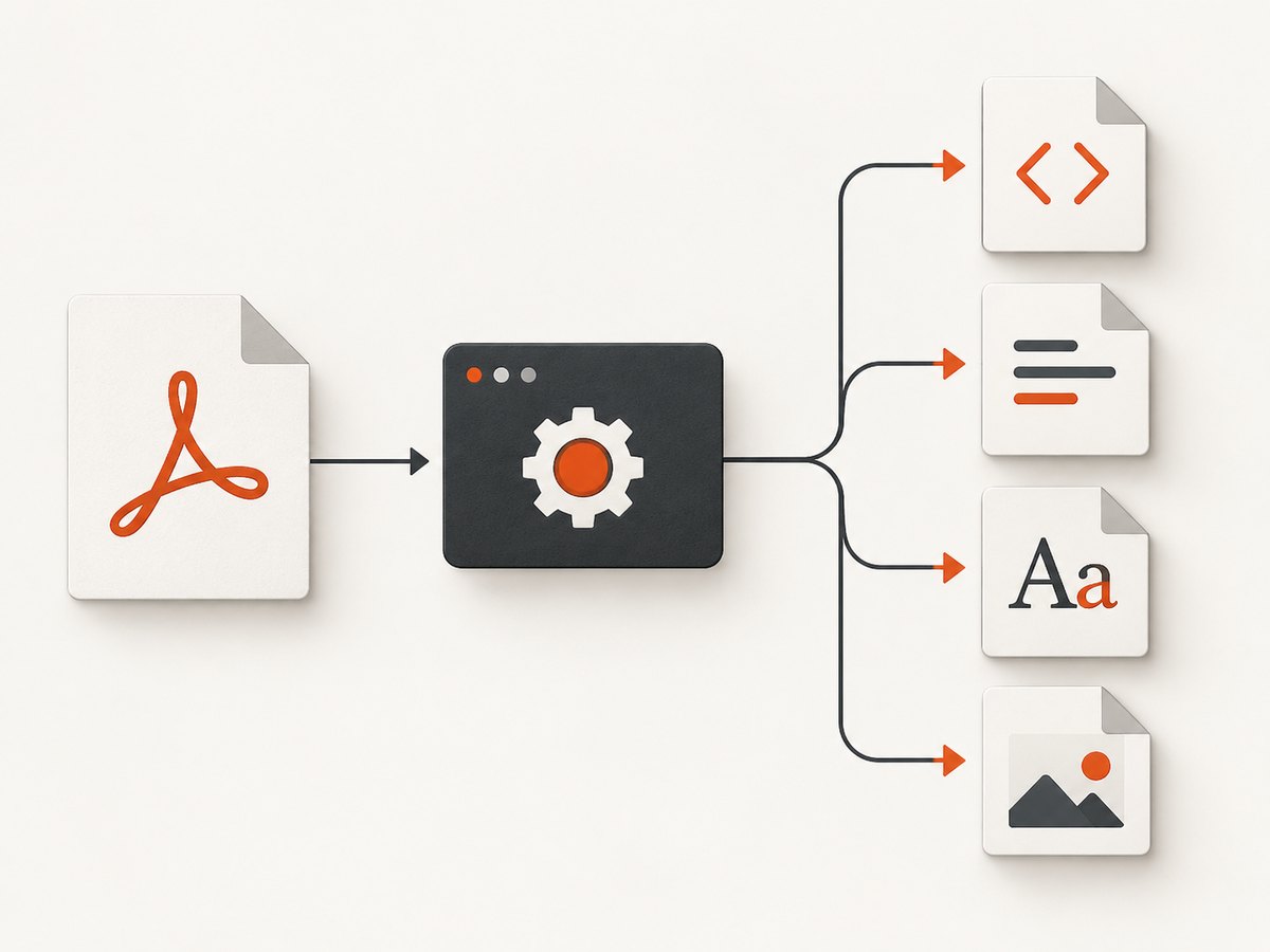 A conversion pipeline separates the PDF into HTML and the assets required to render it.