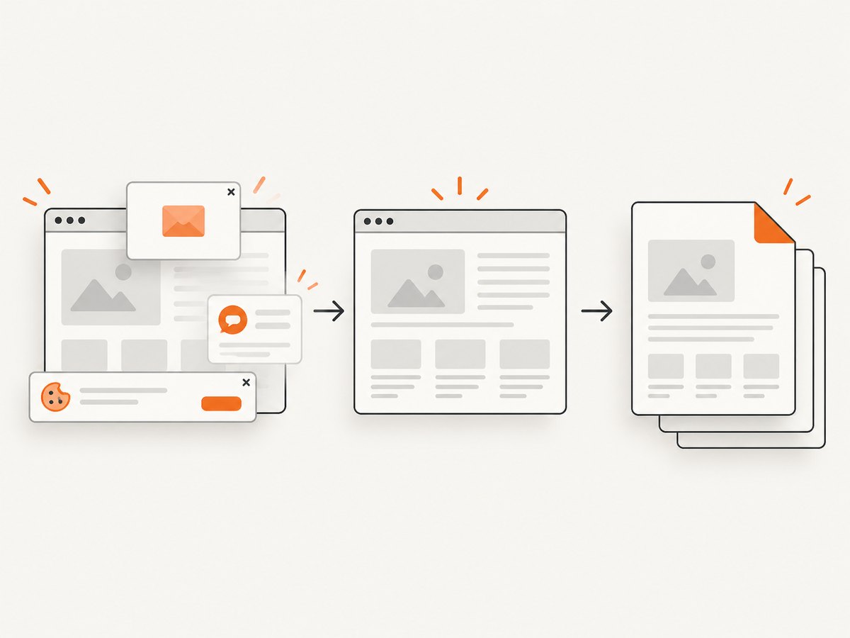A capture service can remove common consent banners, popups, and chat widgets before rendering.