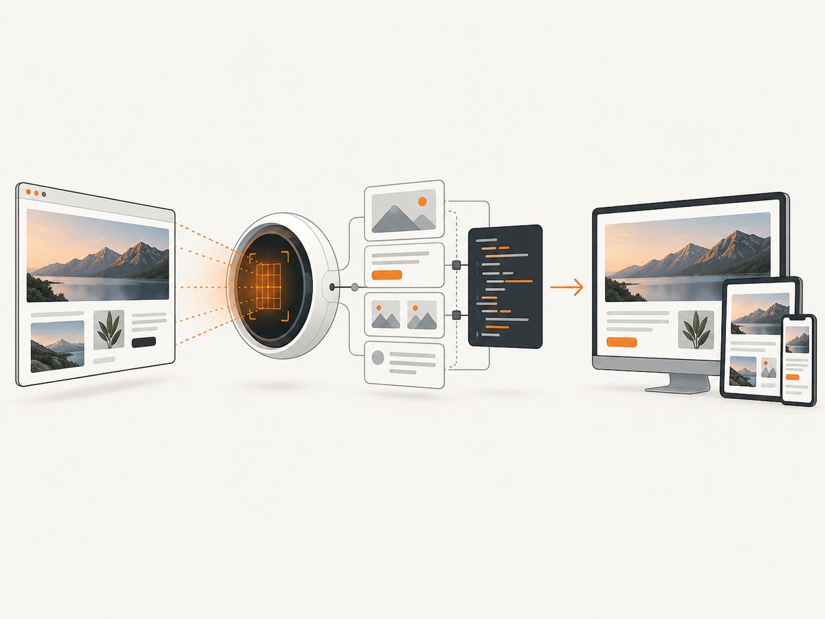The screenshot-to-code loop: provide pixels, describe behavior, generate, render, and refine.