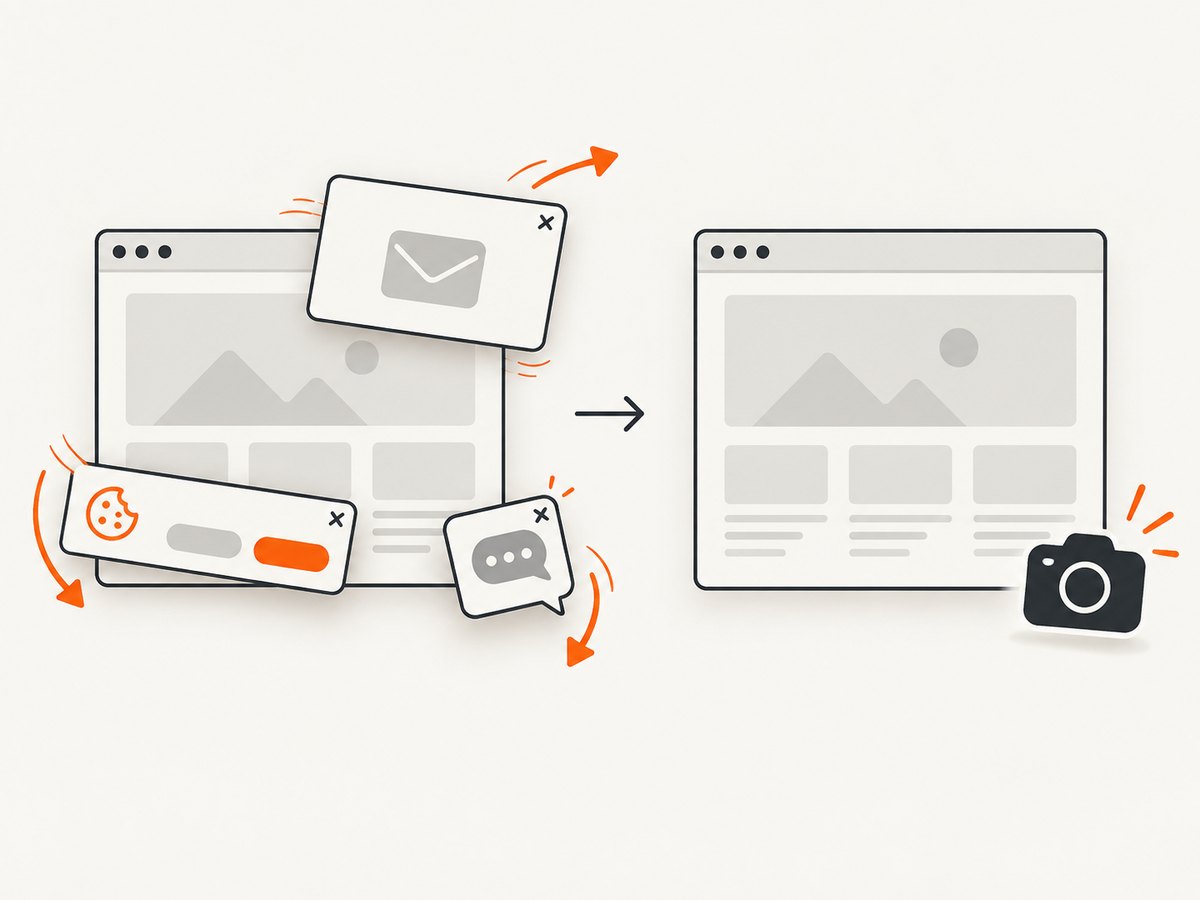 A capture service can clean page overlays before taking the screenshot.