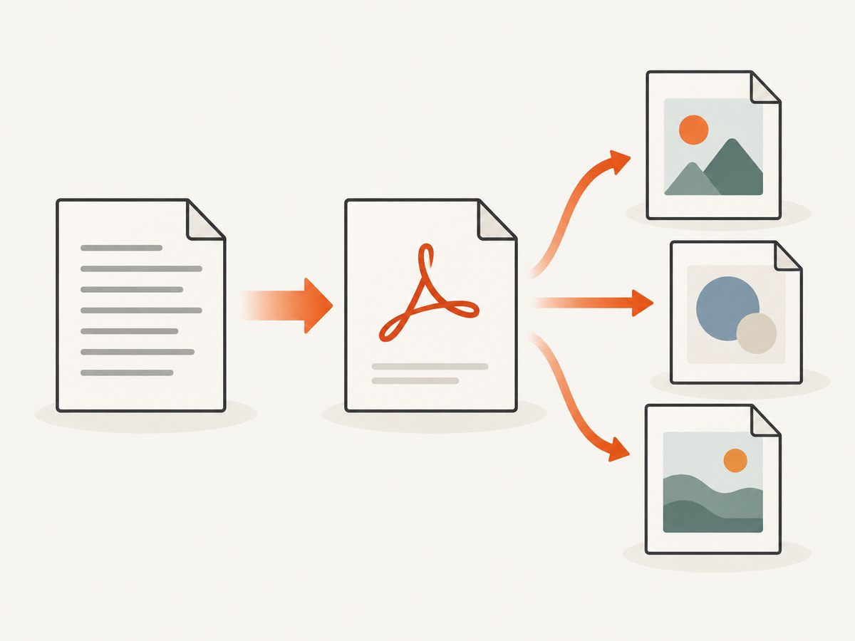 The reliable workflow is text document to PDF, then PDF pages to JPG.
