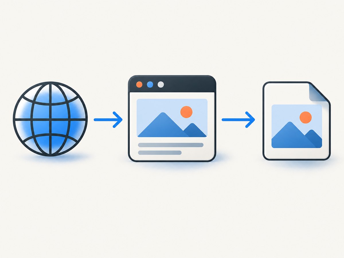 A scripted capture moves from URL navigation to rendered content to an image file.