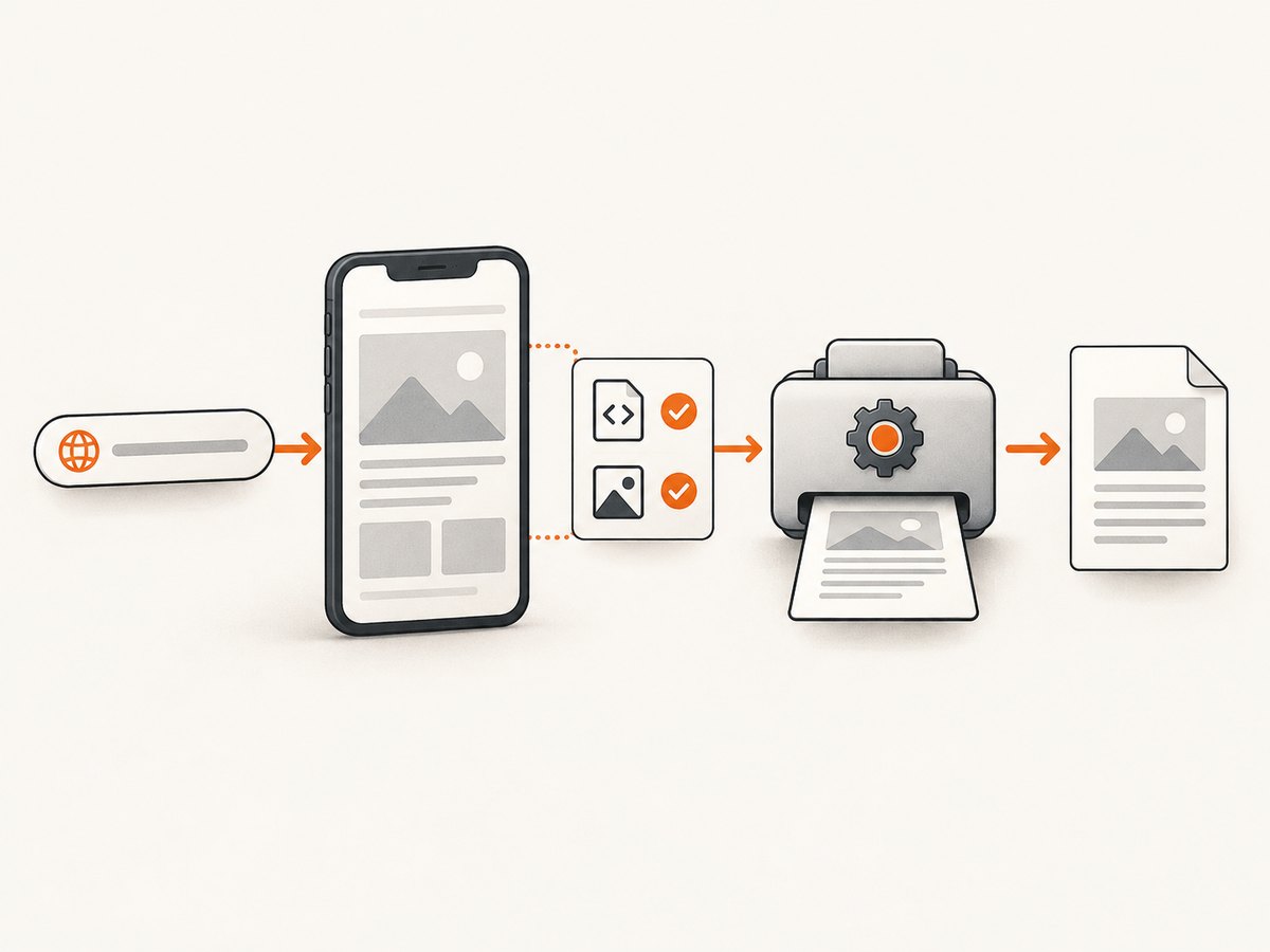The Android flow is WebView, page readiness, print adapter, and system print service.