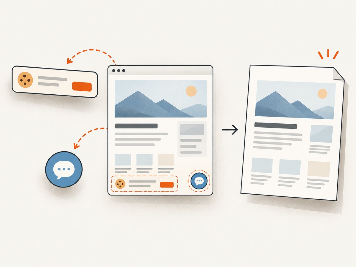 A hosted capture can clear common overlays before creating a PDF.