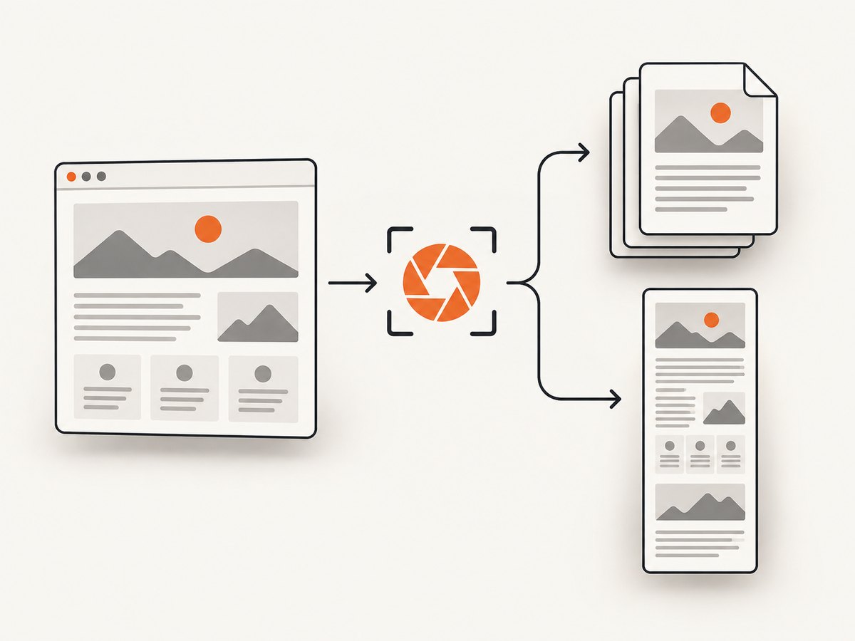 The same webpage can become a print-layout PDF or a pixel-based full-page image.