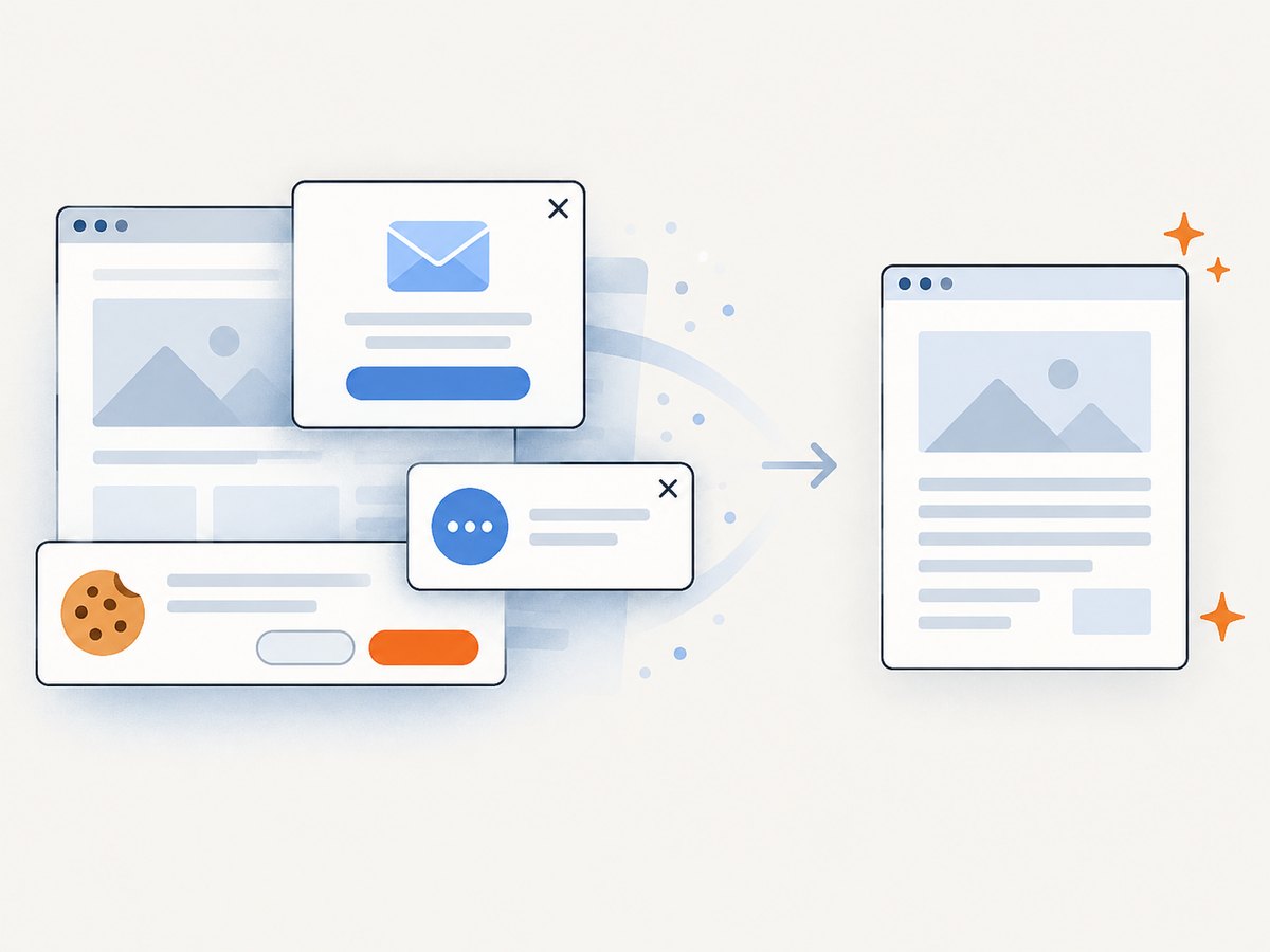 Automated capture can remove common consent banners, popups, and chat widgets before rendering.