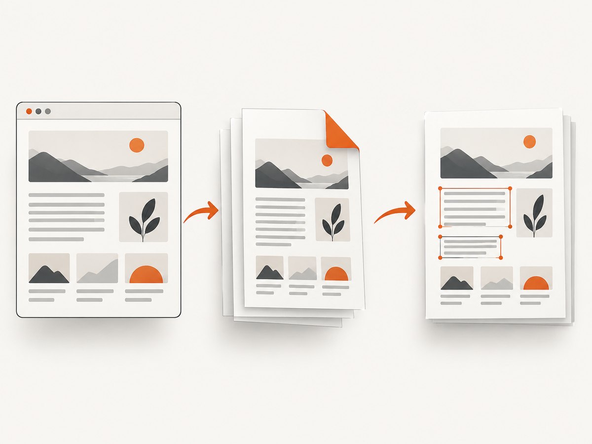 The workflow has two stages: save the rendered page to PDF, then convert that fixed layout into editable content.