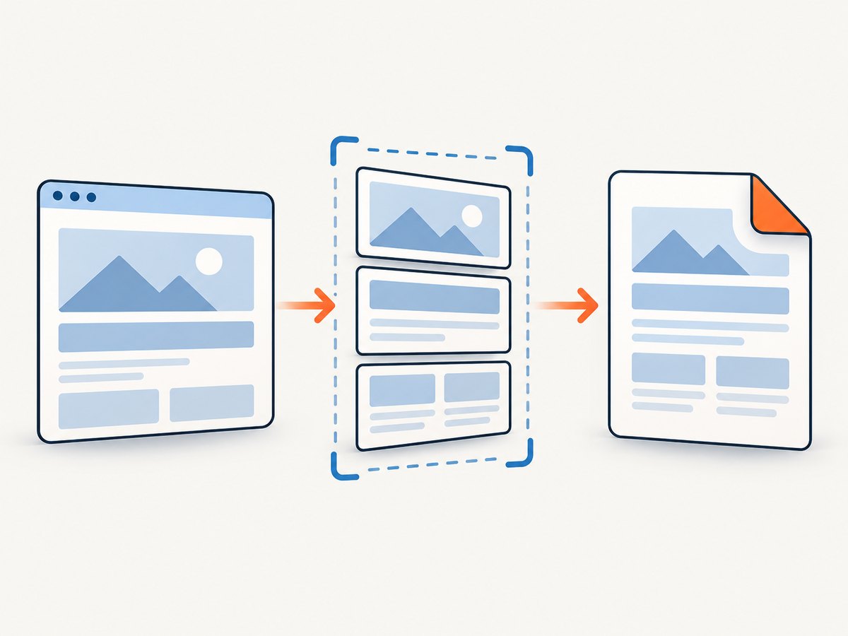 A webpage is rendered, checked, and saved as one PDF document.