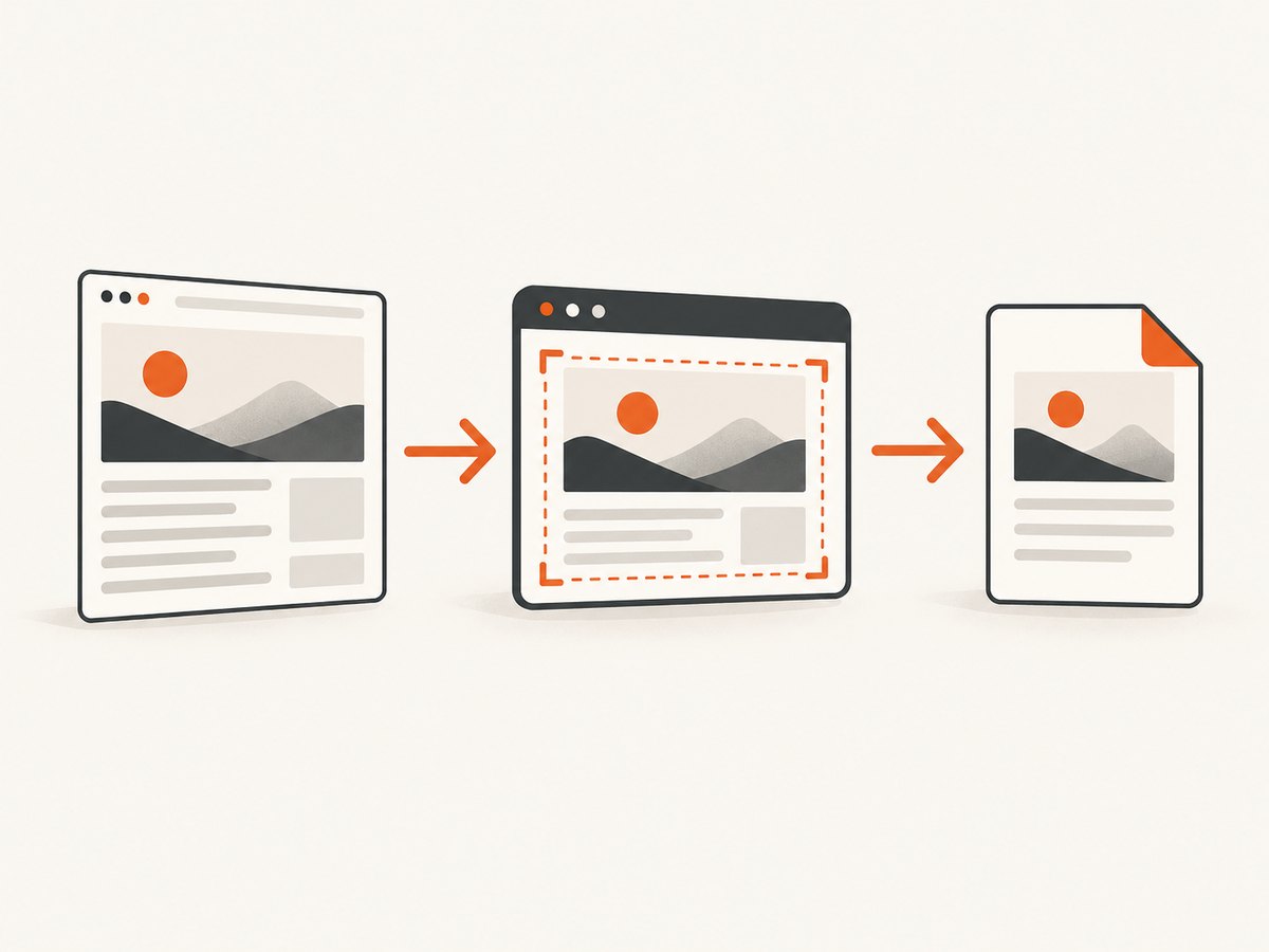 A webpage passes through print or capture settings before becoming a static PDF.