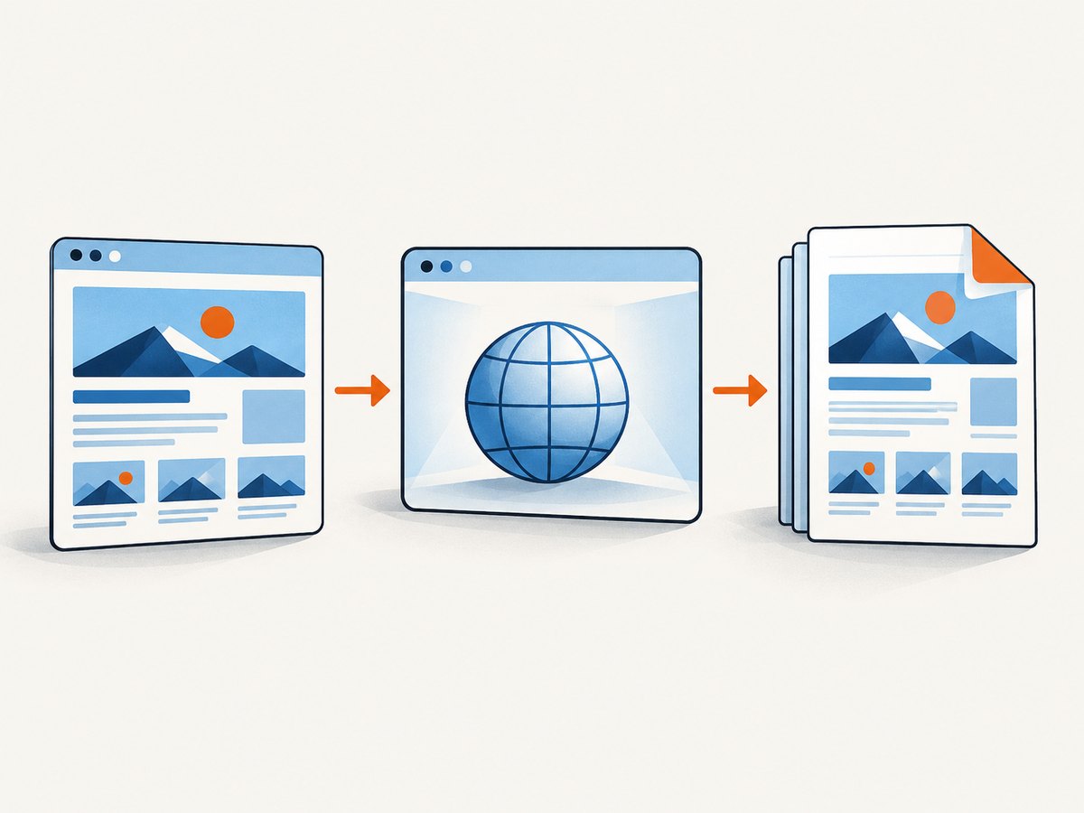 A webpage-to-PDF workflow has three stages: request, render, and save.