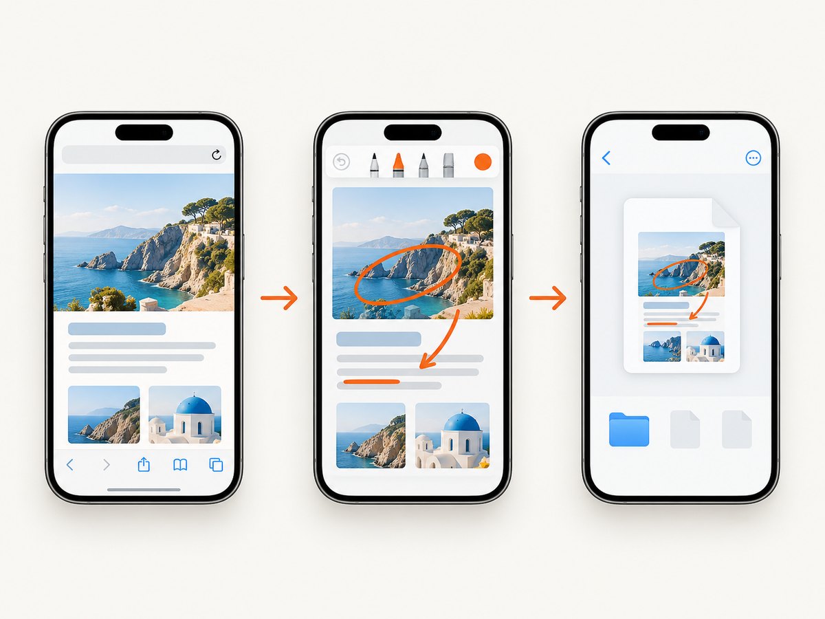 Safari turns the current webpage into a PDF through Share, Markup, and Save File To.