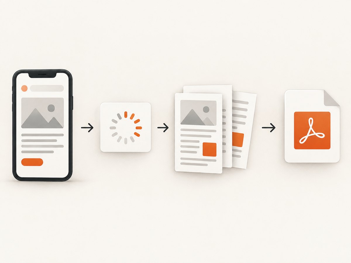 A phone browser renders the page, then saves the result as a PDF file.