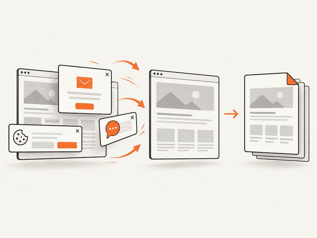 A clean capture removes common overlays before producing the page output.