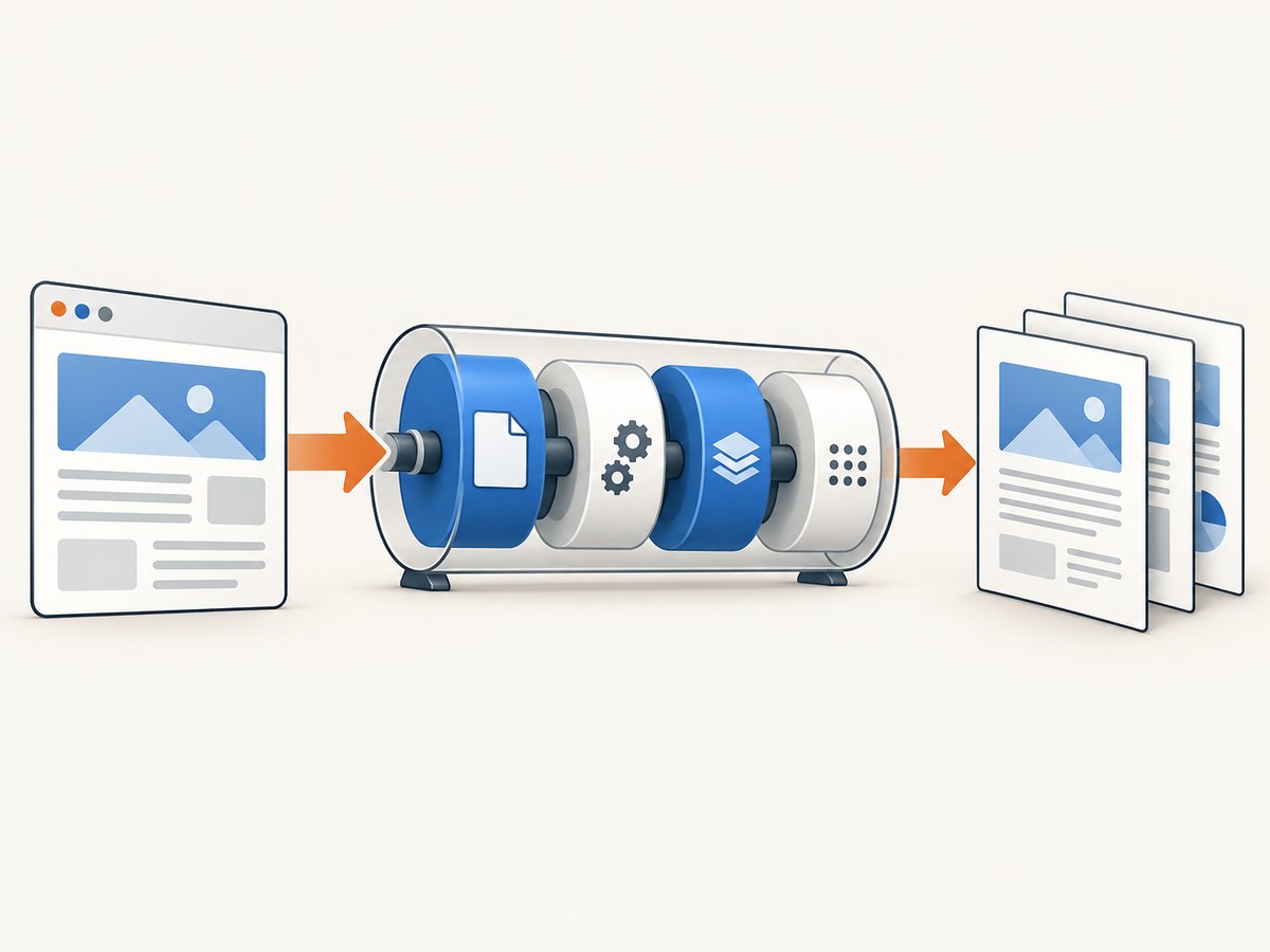 A browser renders the page, applies print settings, and saves a static PDF.