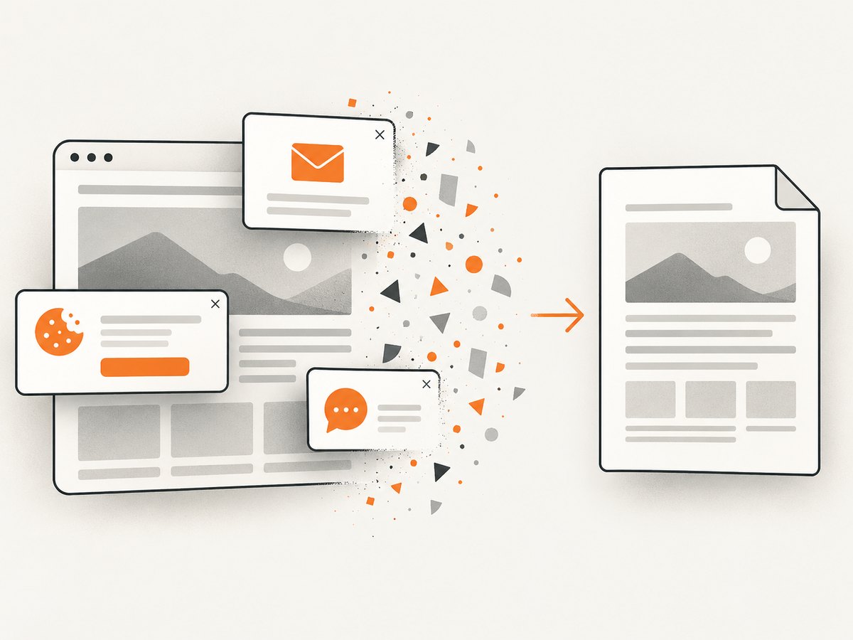 Automated cleanup removes common overlays before the document is captured.