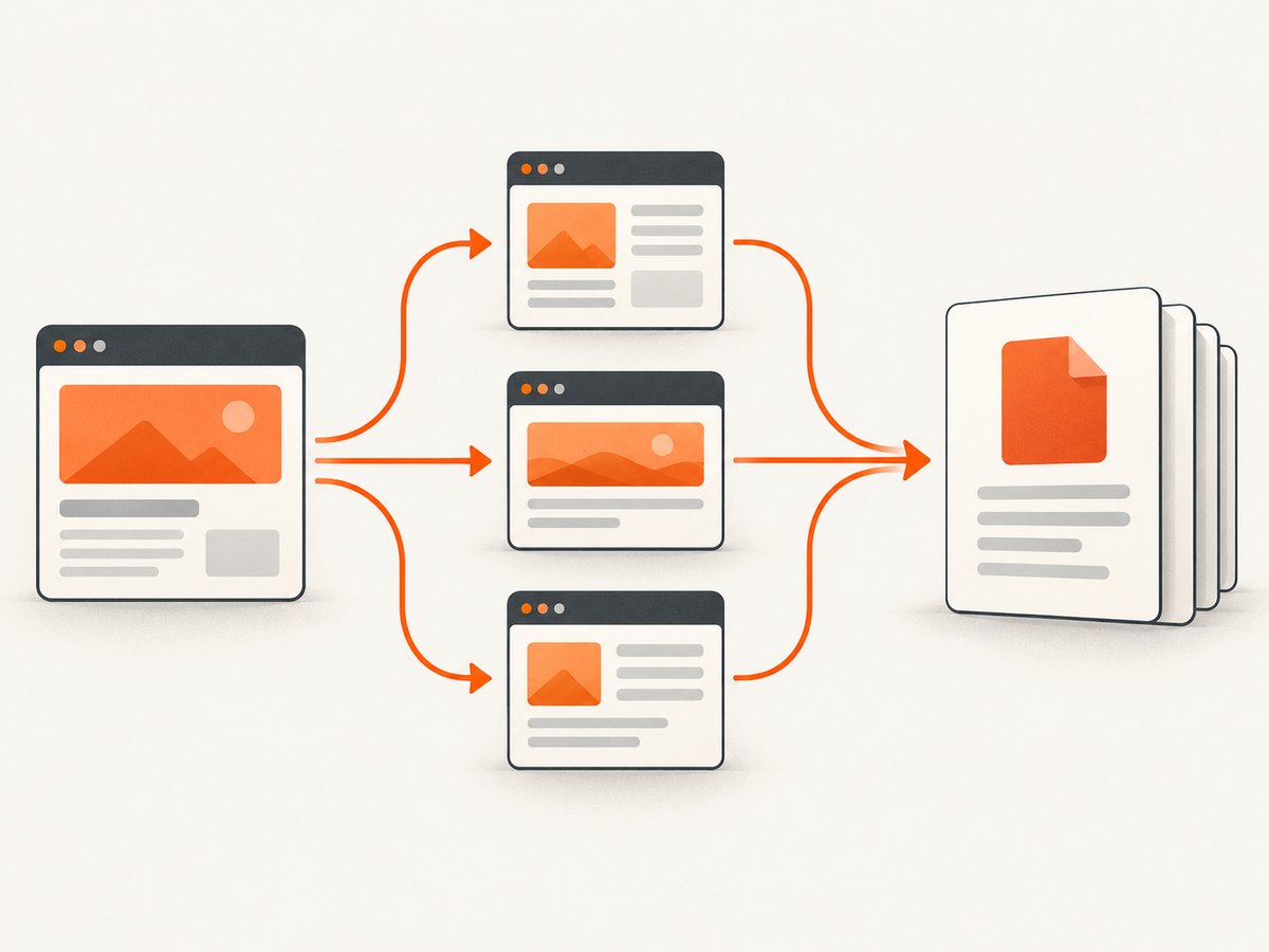 A site crawl follows linked pages and assembles their rendered content into a document.