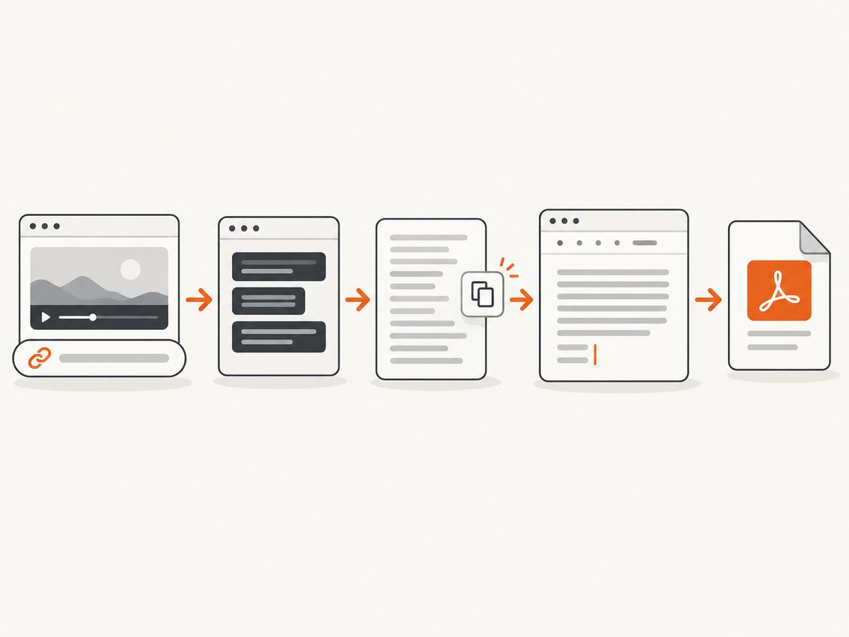 The basic workflow: find captions, copy the transcript, and export a reviewed document as PDF.