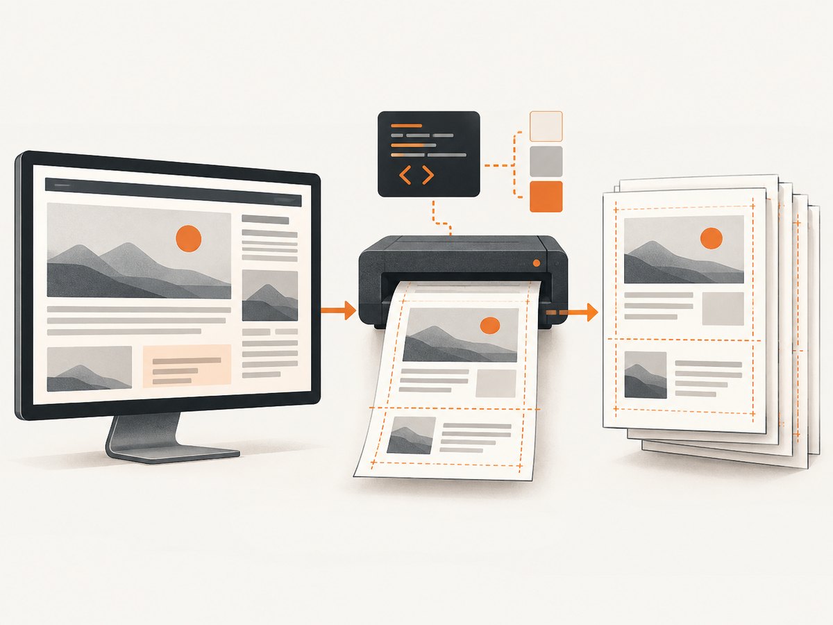 Print CSS, timing, page size, and margins determine how screen content becomes PDF pages.