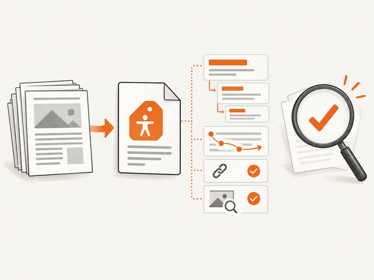 PDF export is followed by checks of tags, reading order, links, and image alternatives.