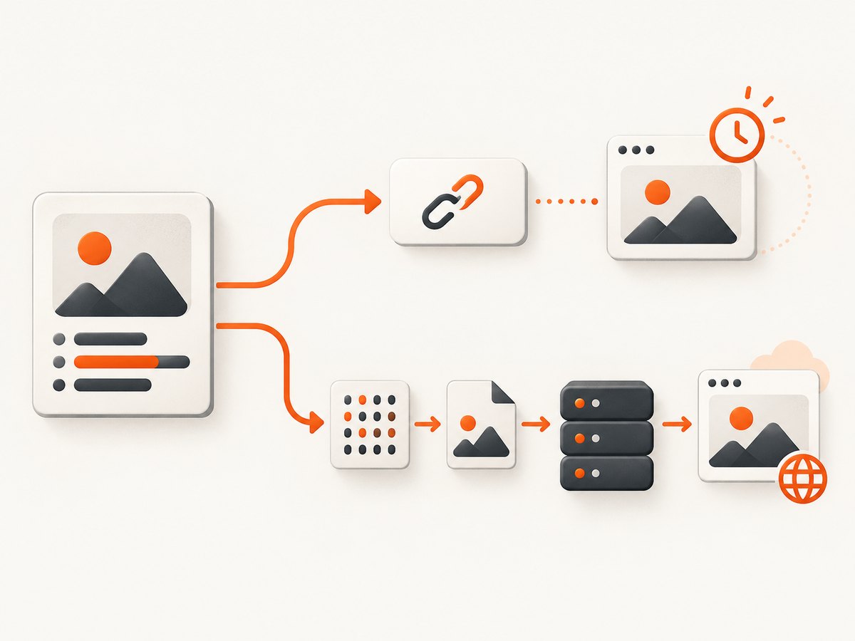 Generated images arrive as a temporary URL or base64 bytes; durable links require saving and hosting the image.