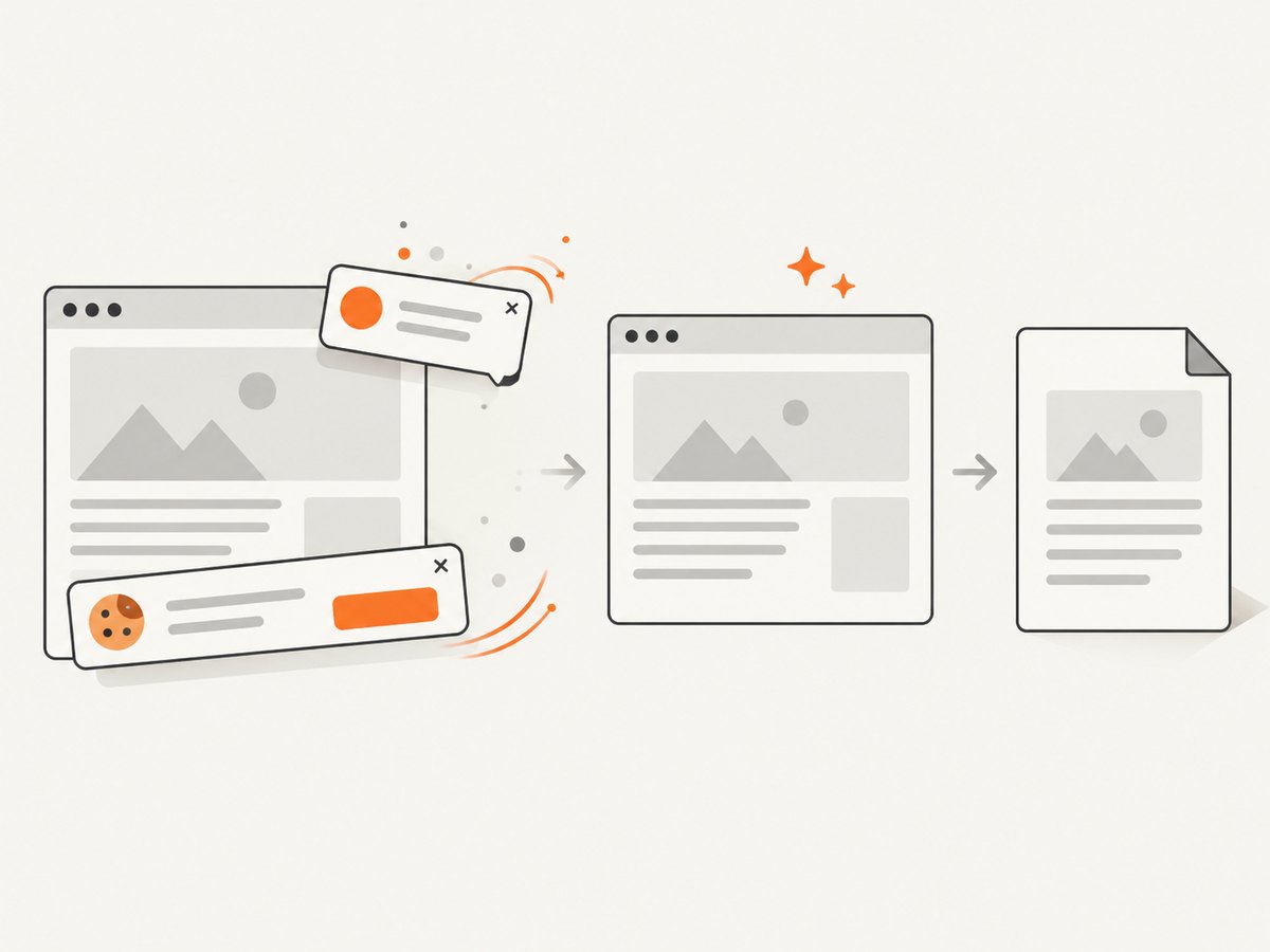 A clean capture pipeline removes consent banners and overlays before producing the document.