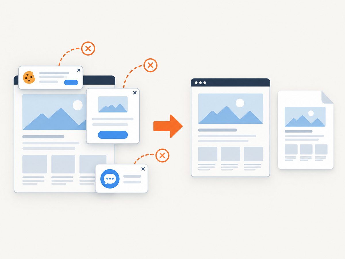 Removing overlays before capture keeps the rendered page and its link areas usable.