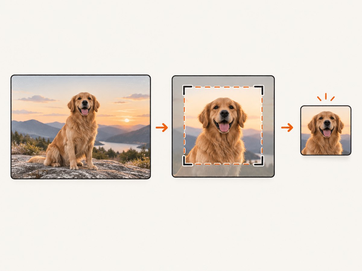 Upload, crop around the subject, and export at the destination’s required dimensions.