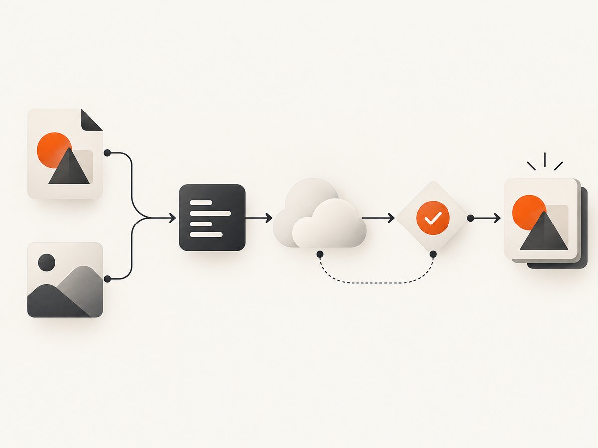 Creative automation connects source files, processing steps, review, and publishing.