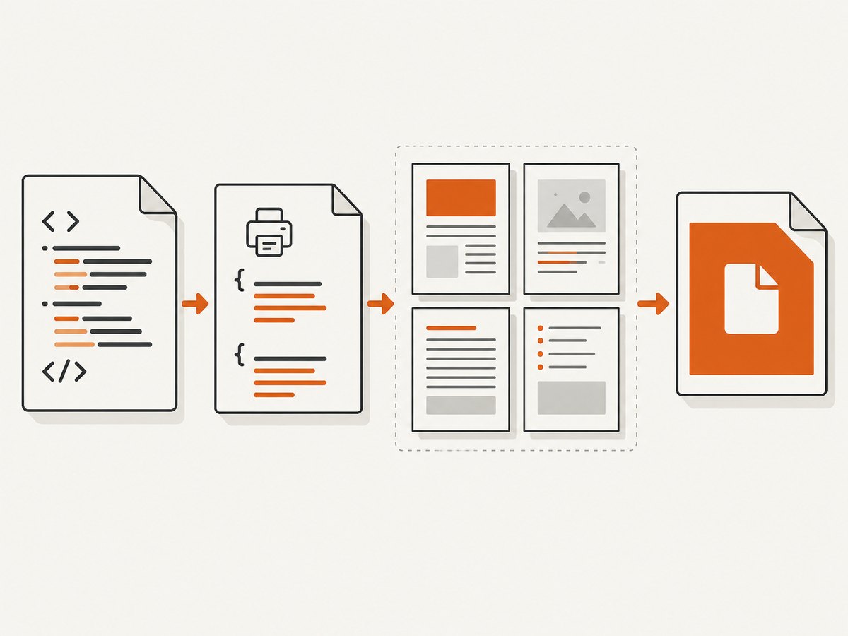 The print workflow separates document styling from page-level dimensions before the renderer creates PDF pages.
